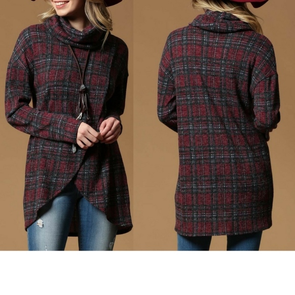 Tops - Plaid Turtle Neck Tulip Top